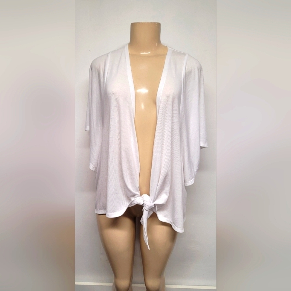 Avenue Collarless Open Front Cardigan Shrug White Kimono Sleeve 14/16